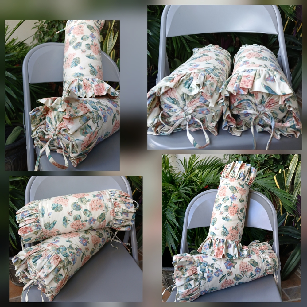 🔥NEW PILLOW SET NECKROLL Floral HYDRANGEA Ruffled FRENCH COUNTRY